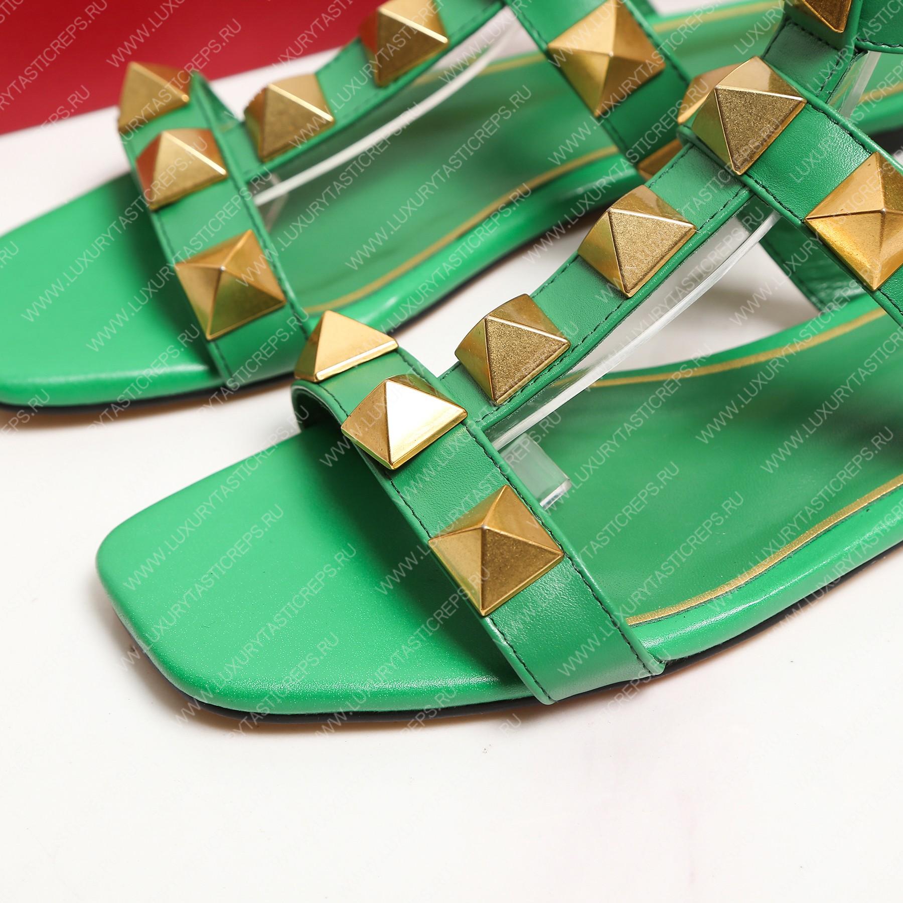 VALENTINO ROMAN STUD FLAT CALFSKIN SANDAL GREEN 1W2S0BU8ZWM