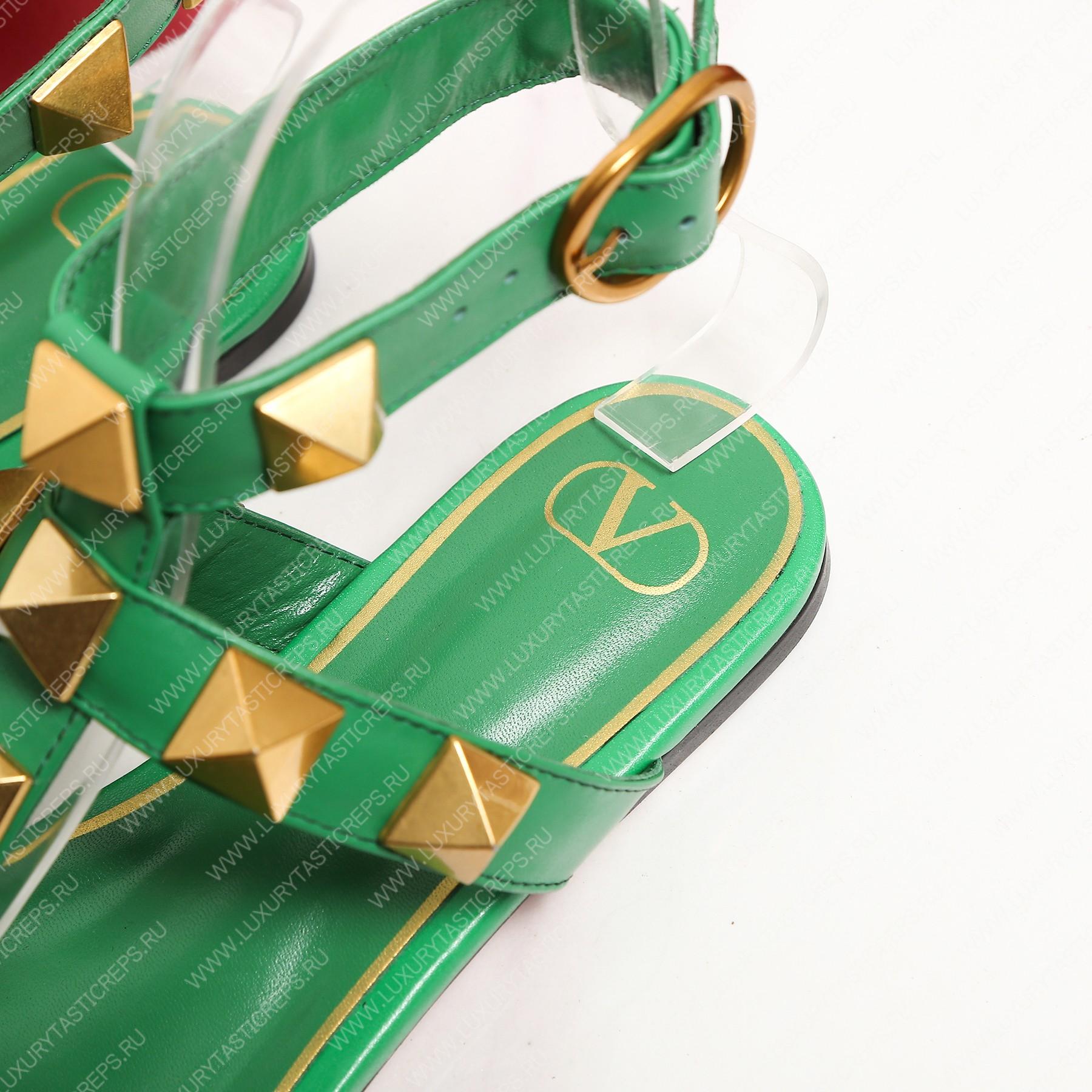 VALENTINO ROMAN STUD FLAT CALFSKIN SANDAL GREEN 1W2S0BU8ZWM