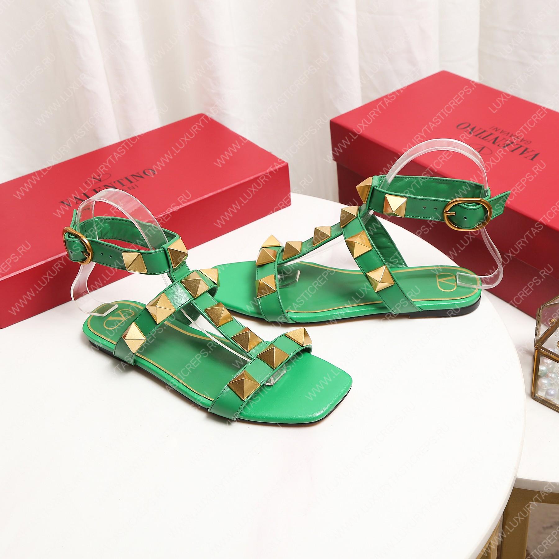VALENTINO ROMAN STUD FLAT CALFSKIN SANDAL GREEN 1W2S0BU8ZWM