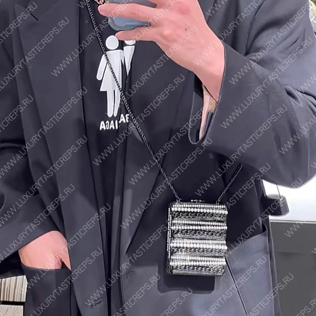 Ch*el small evening bag strass imitation pearls gold black white as3528