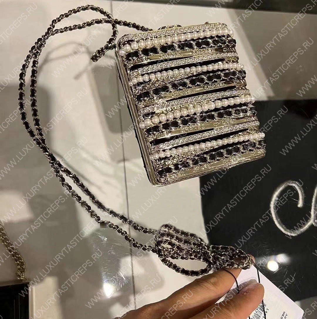 Ch*el small evening bag strass imitation pearls gold black white as3528