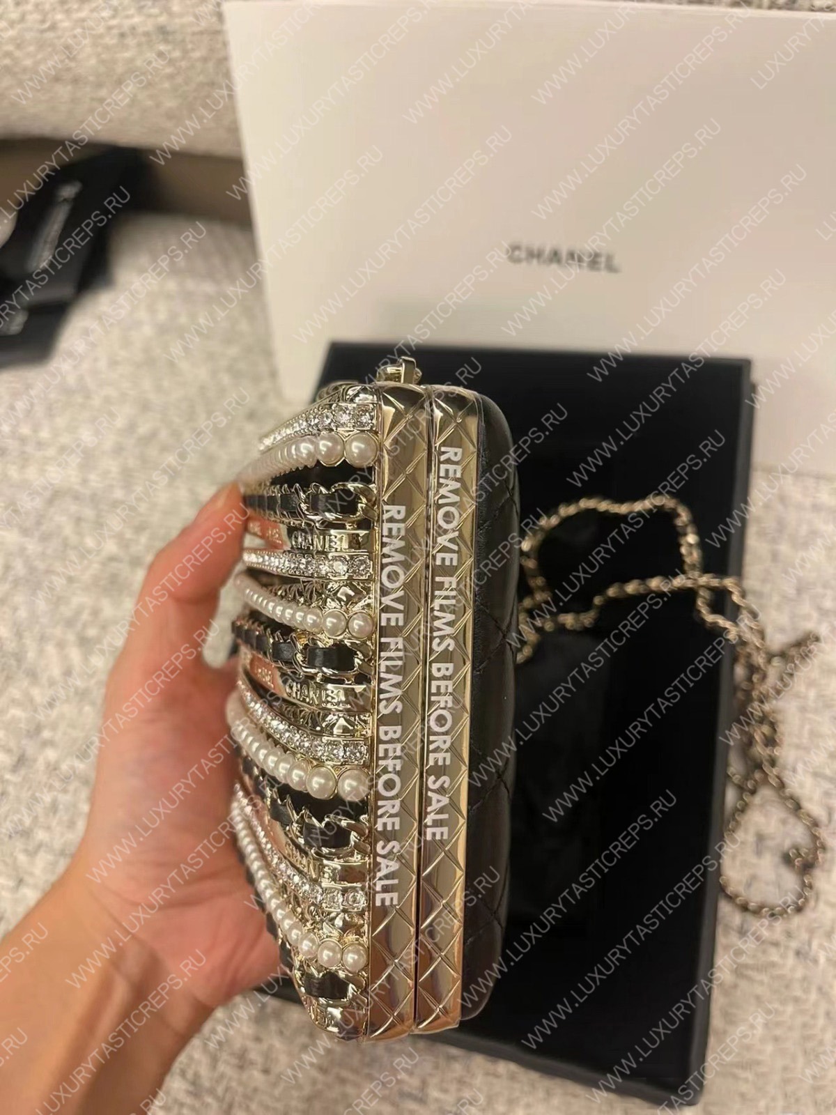 Ch*el small evening bag strass imitation pearls gold black white as3528