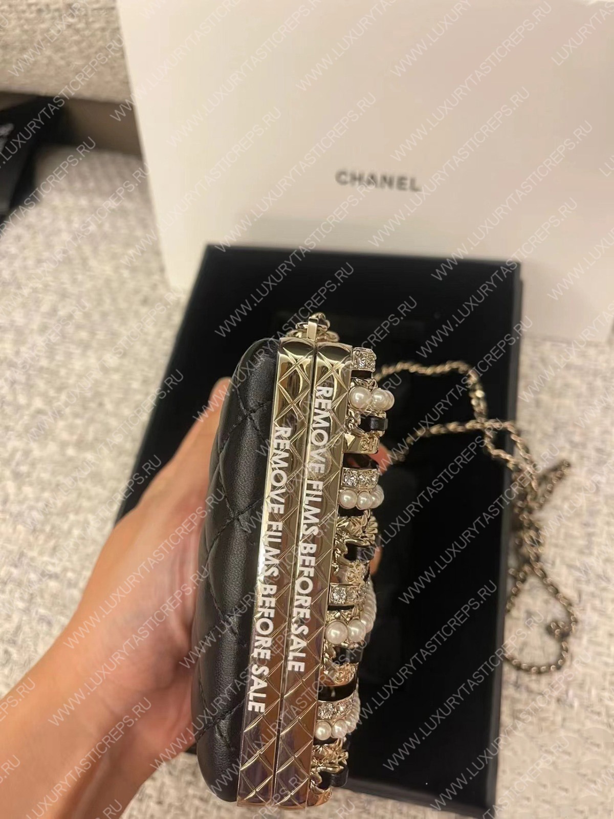 Ch*el small evening bag strass imitation pearls gold black white as3528