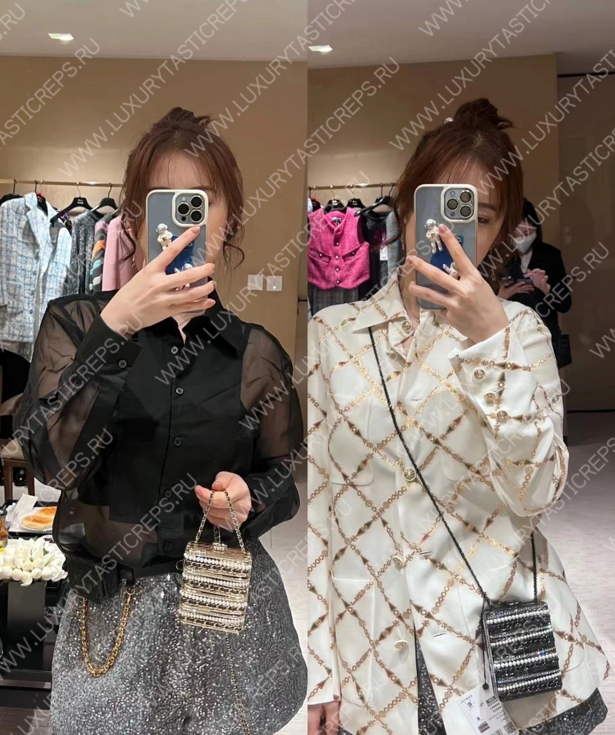 Ch*el small evening bag strass imitation pearls gold black white as3528