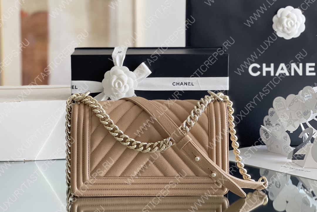 Ch*el boy handbag dark nude a67086