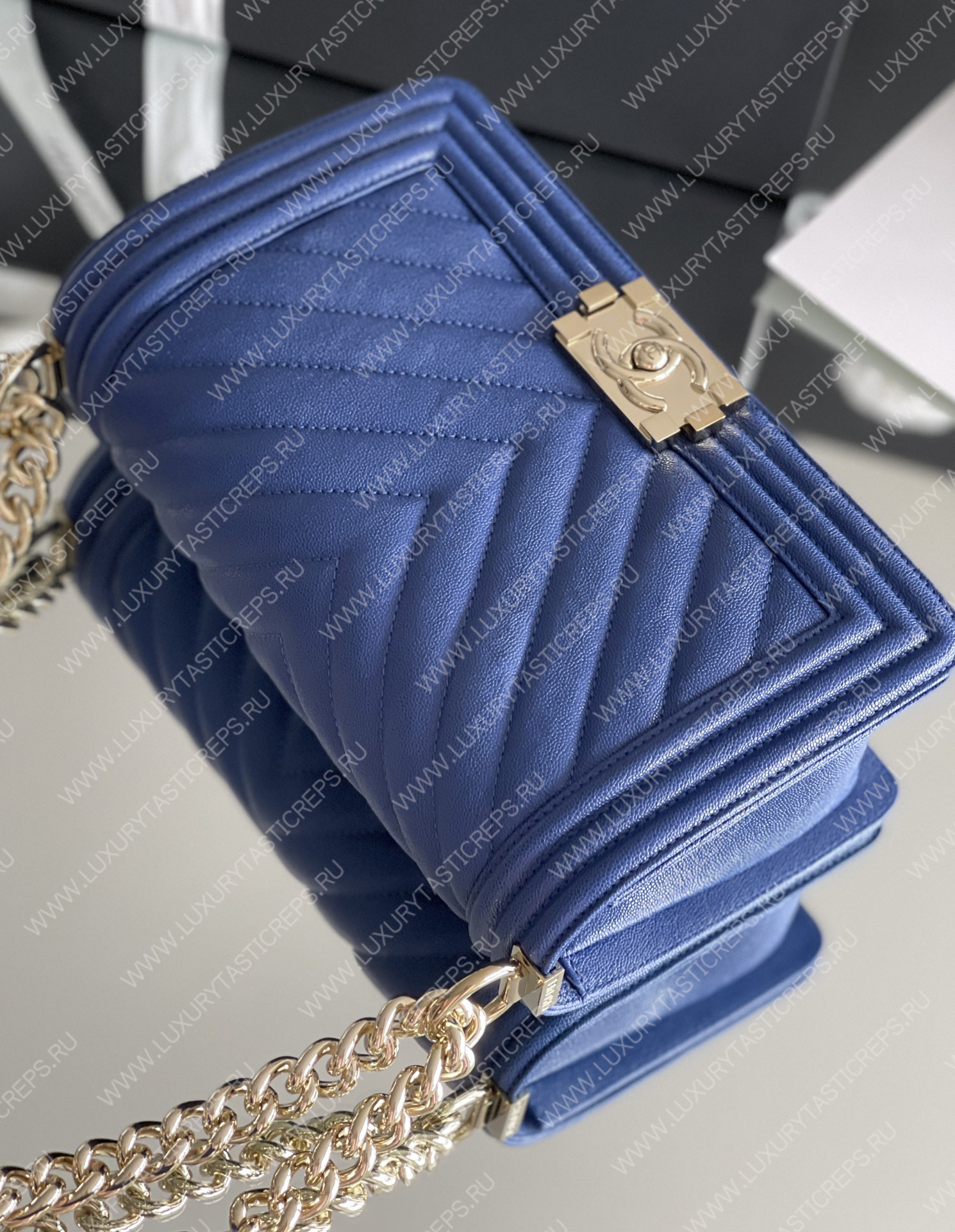 Ch*el boy handbag blue a67086