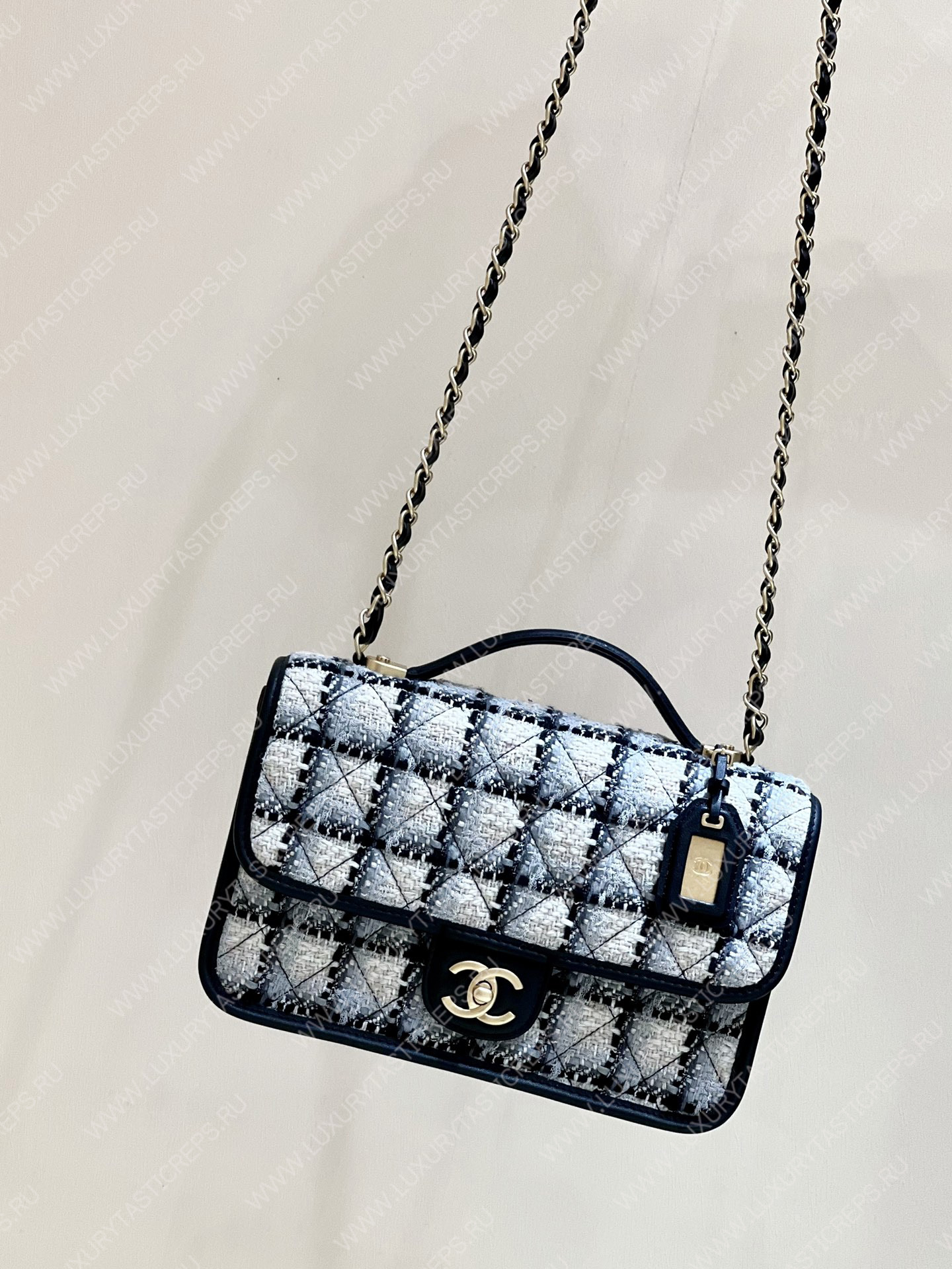 Ch*el small flap bag with top handle ecru, gray, beige & black as3653