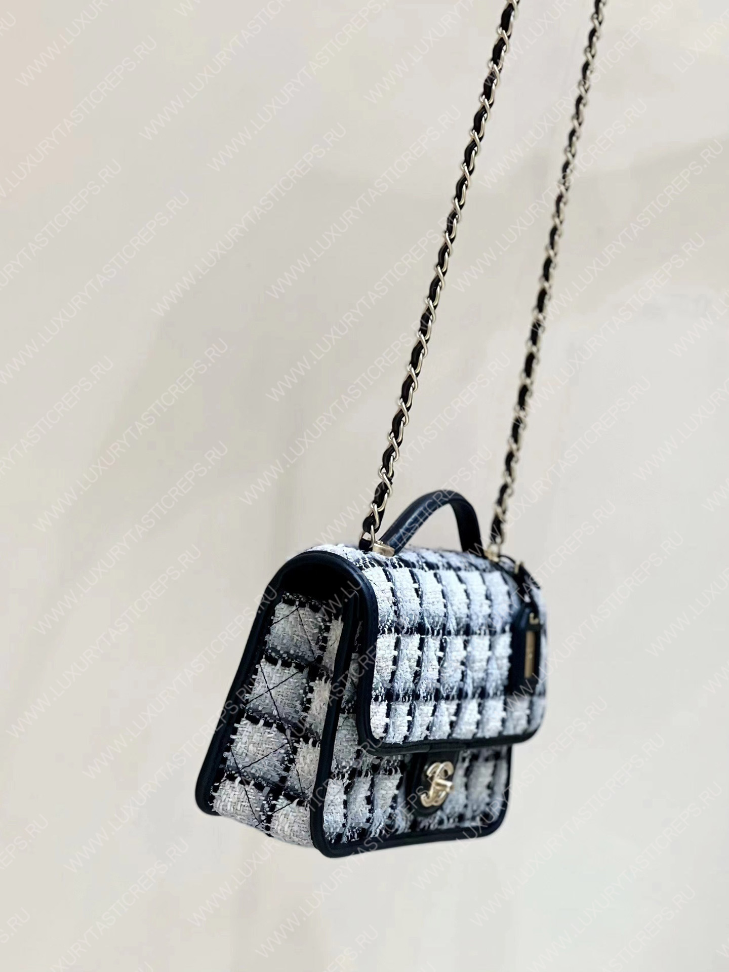 Ch*el small flap bag with top handle ecru, gray, beige & black as3653