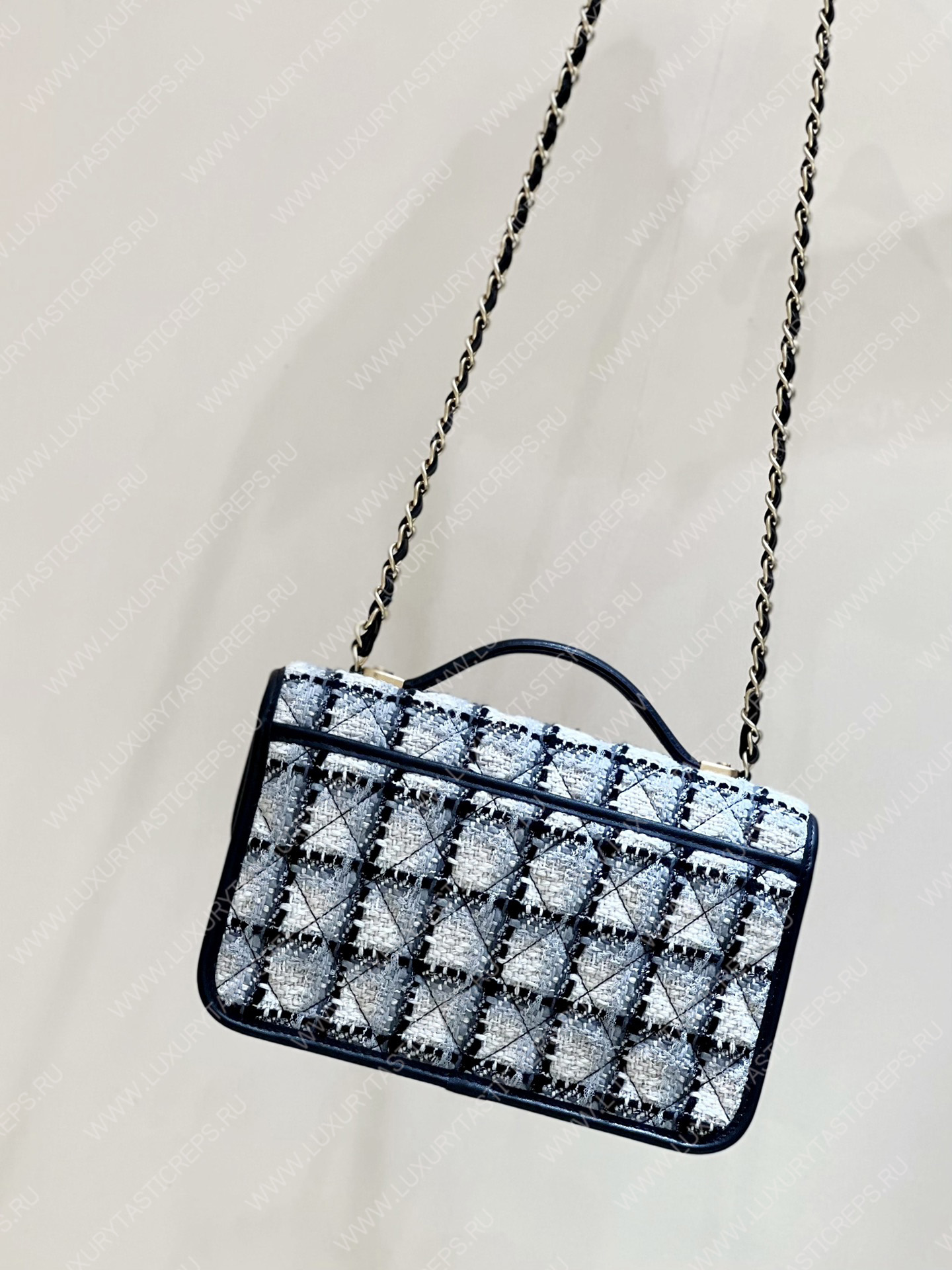 Ch*el small flap bag with top handle ecru, gray, beige & black as3653