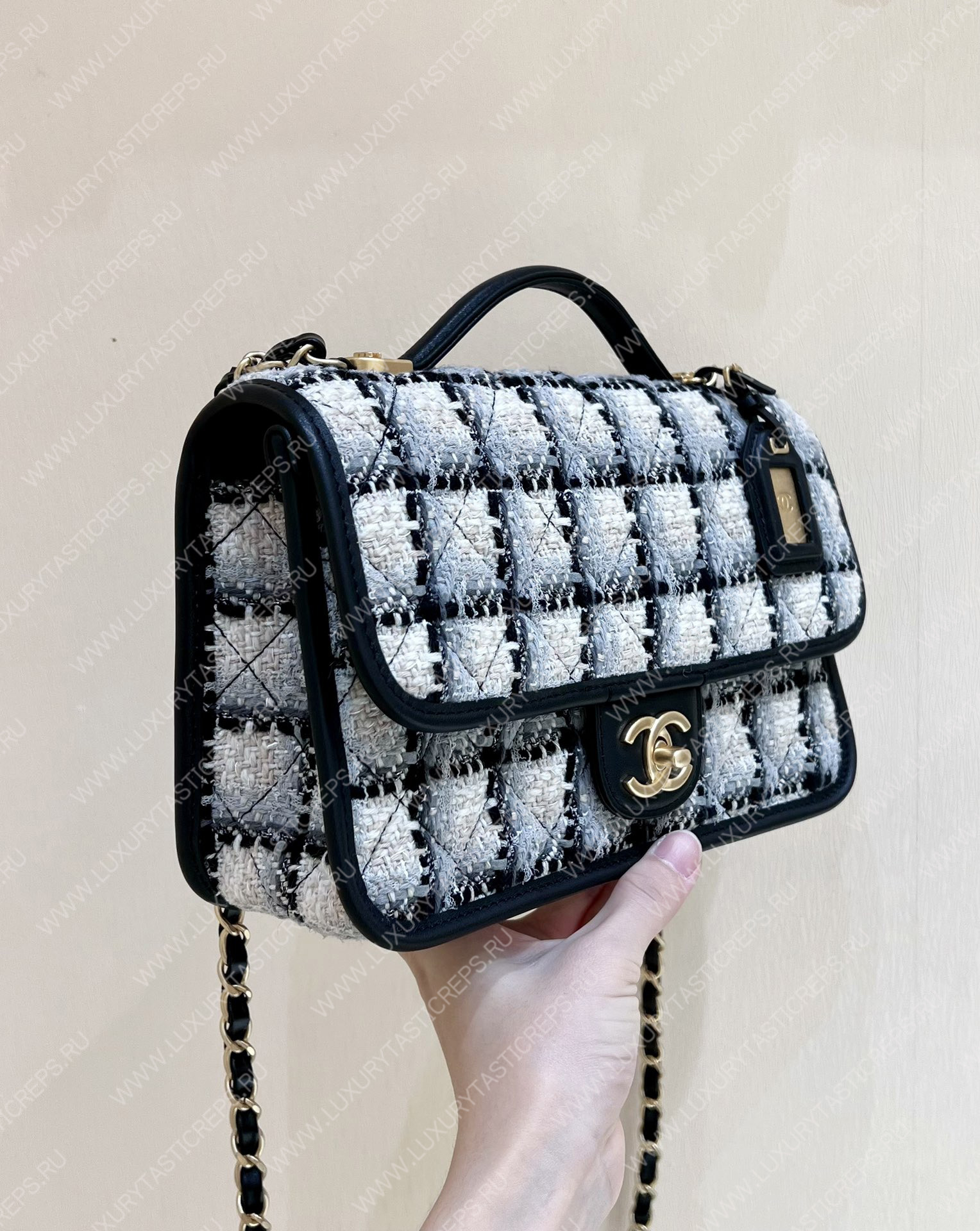 Ch*el small flap bag with top handle ecru, gray, beige & black as3653