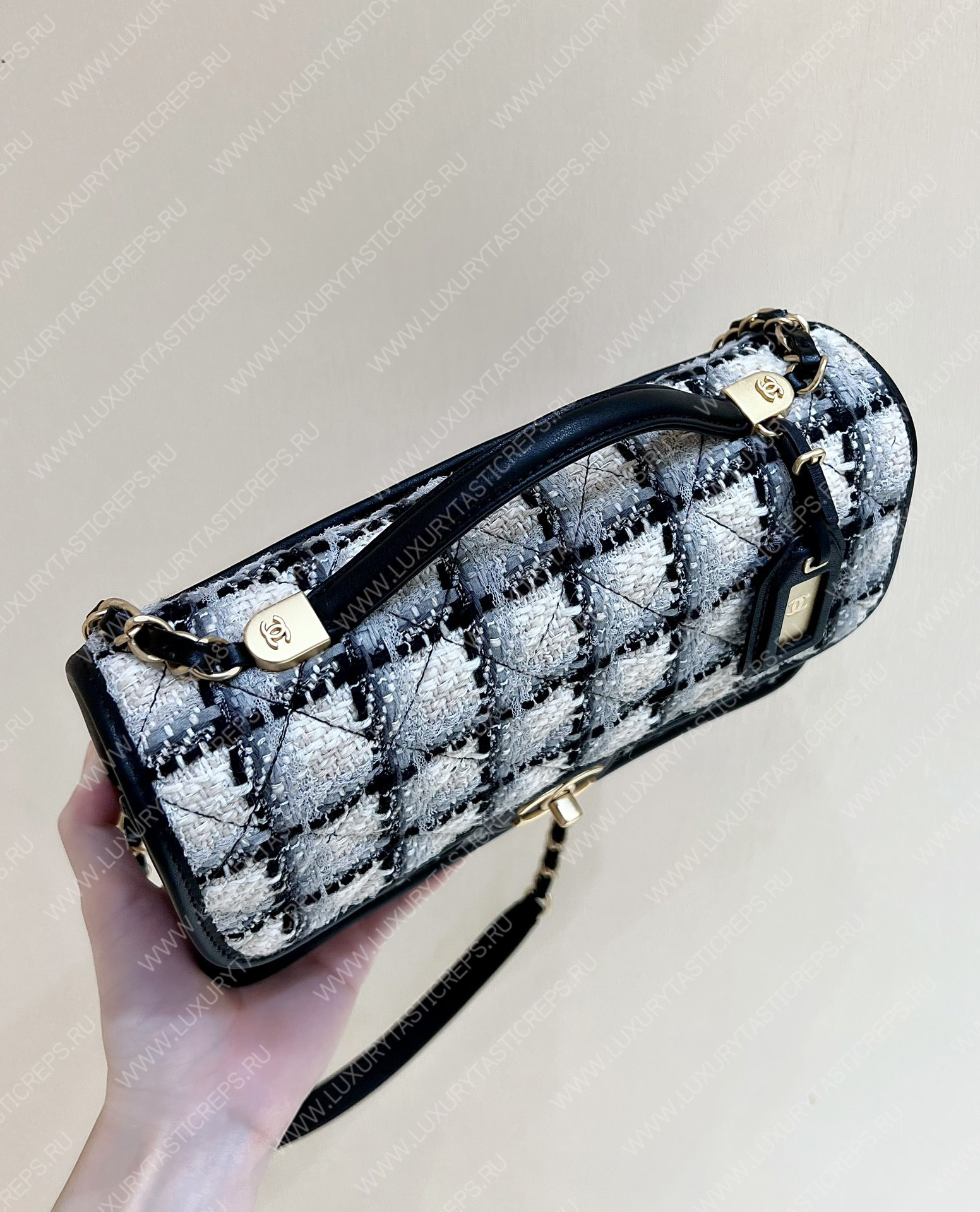 Ch*el small flap bag with top handle ecru, gray, beige & black as3653