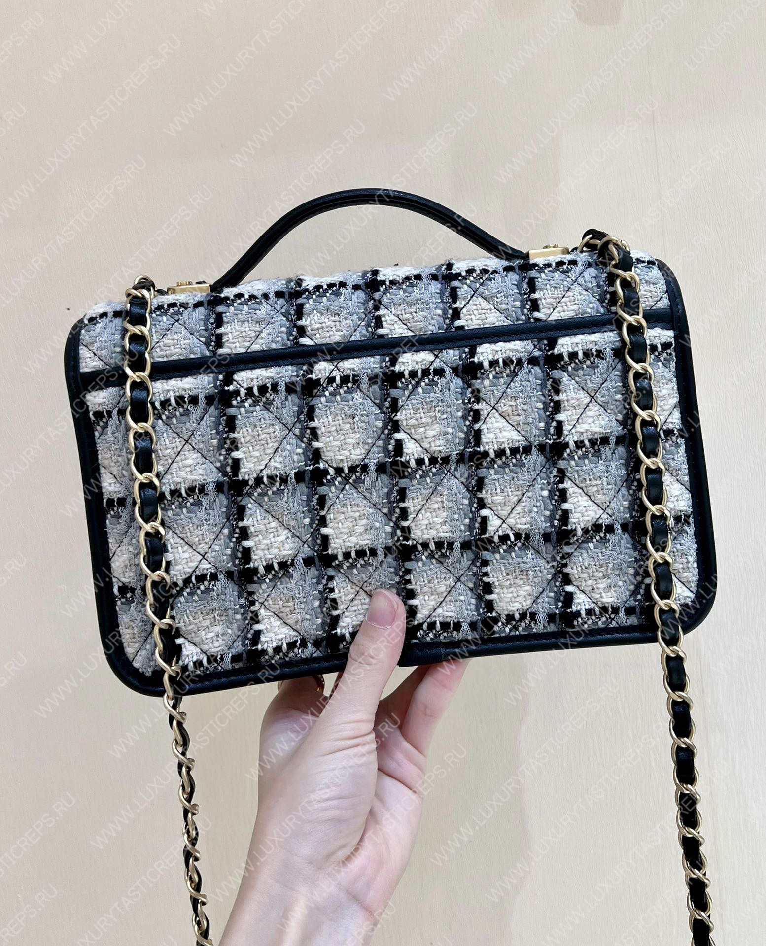 Ch*el small flap bag with top handle ecru, gray, beige & black as3653