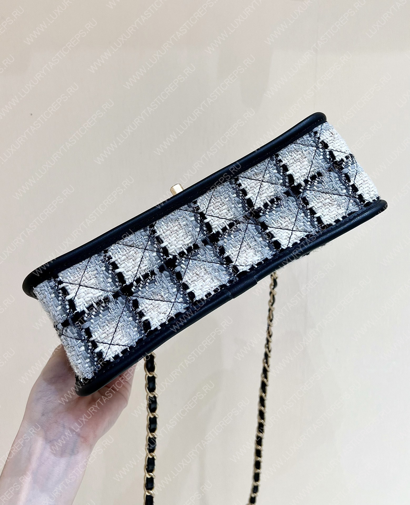 Ch*el small flap bag with top handle ecru, gray, beige & black as3653