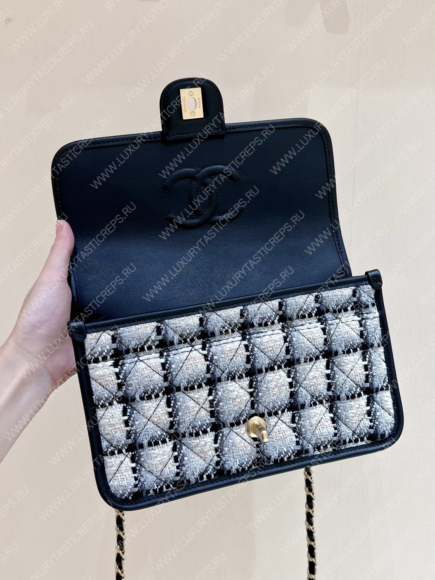 Ch*el small flap bag with top handle ecru, gray, beige & black as3653