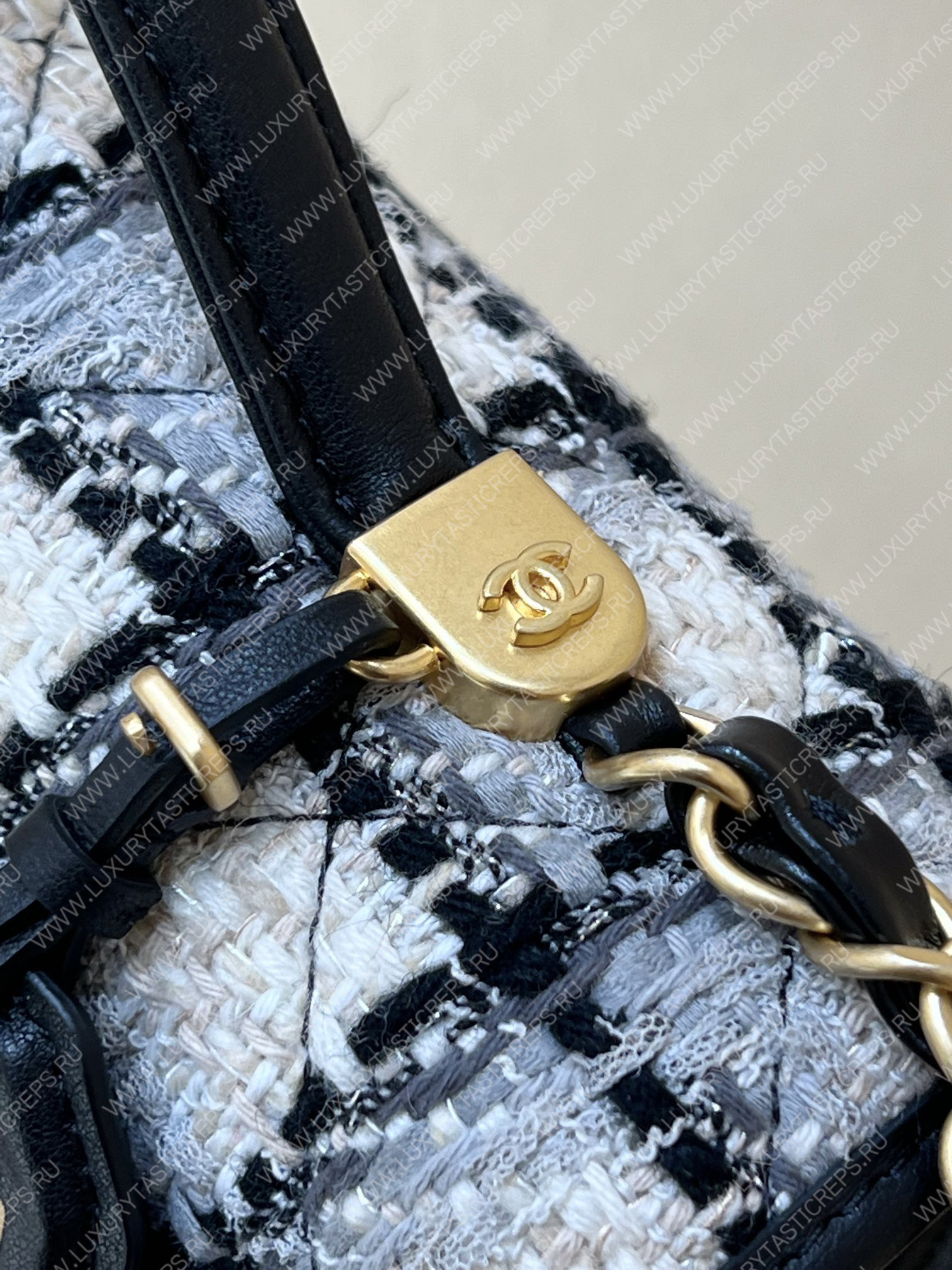 Ch*el small flap bag with top handle ecru, gray, beige & black as3653