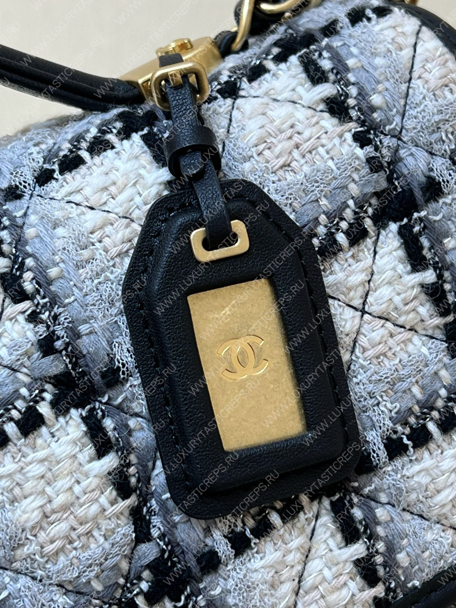 Ch*el small flap bag with top handle ecru, gray, beige & black as3653