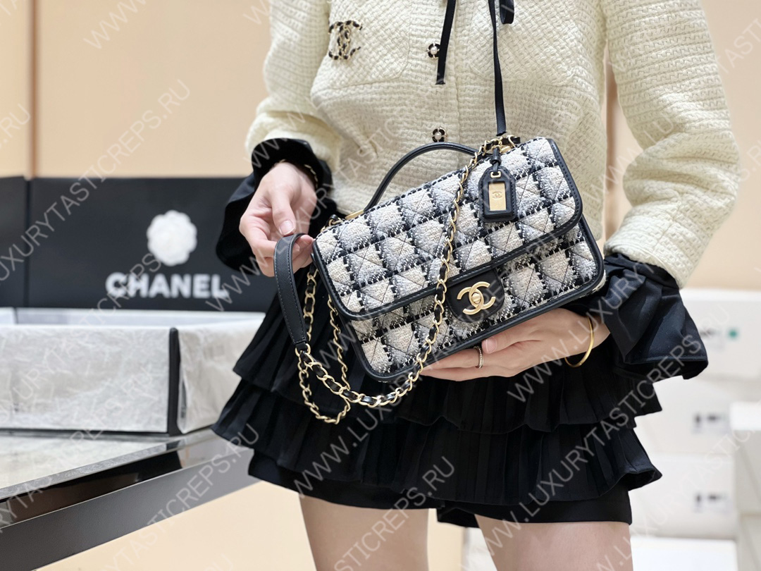 Ch*el small flap bag with top handle ecru, gray, beige & black as3653