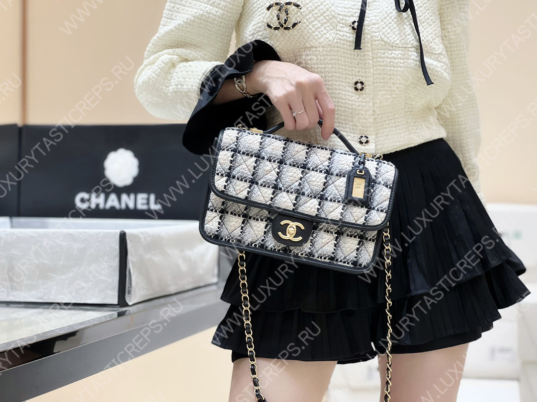 Ch*el small flap bag with top handle ecru, gray, beige & black as3653