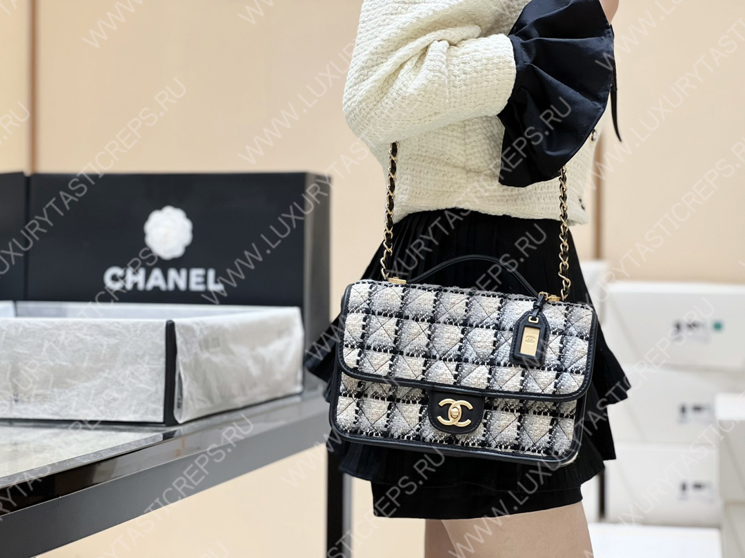 Ch*el small flap bag with top handle ecru, gray, beige & black as3653