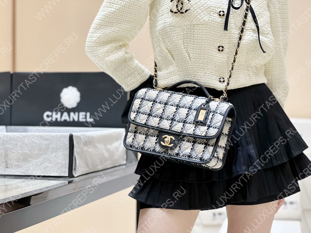 Ch*el small flap bag with top handle ecru, gray, beige & black as3653