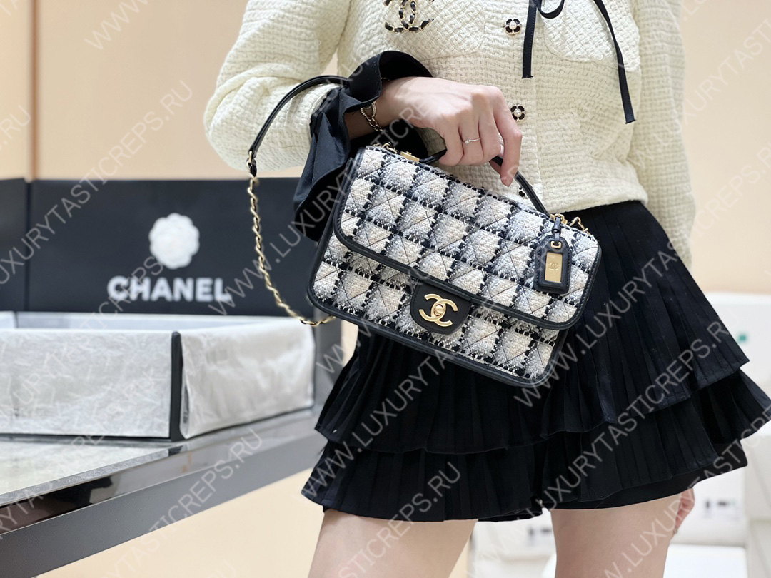 Ch*el small flap bag with top handle ecru, gray, beige & black as3653