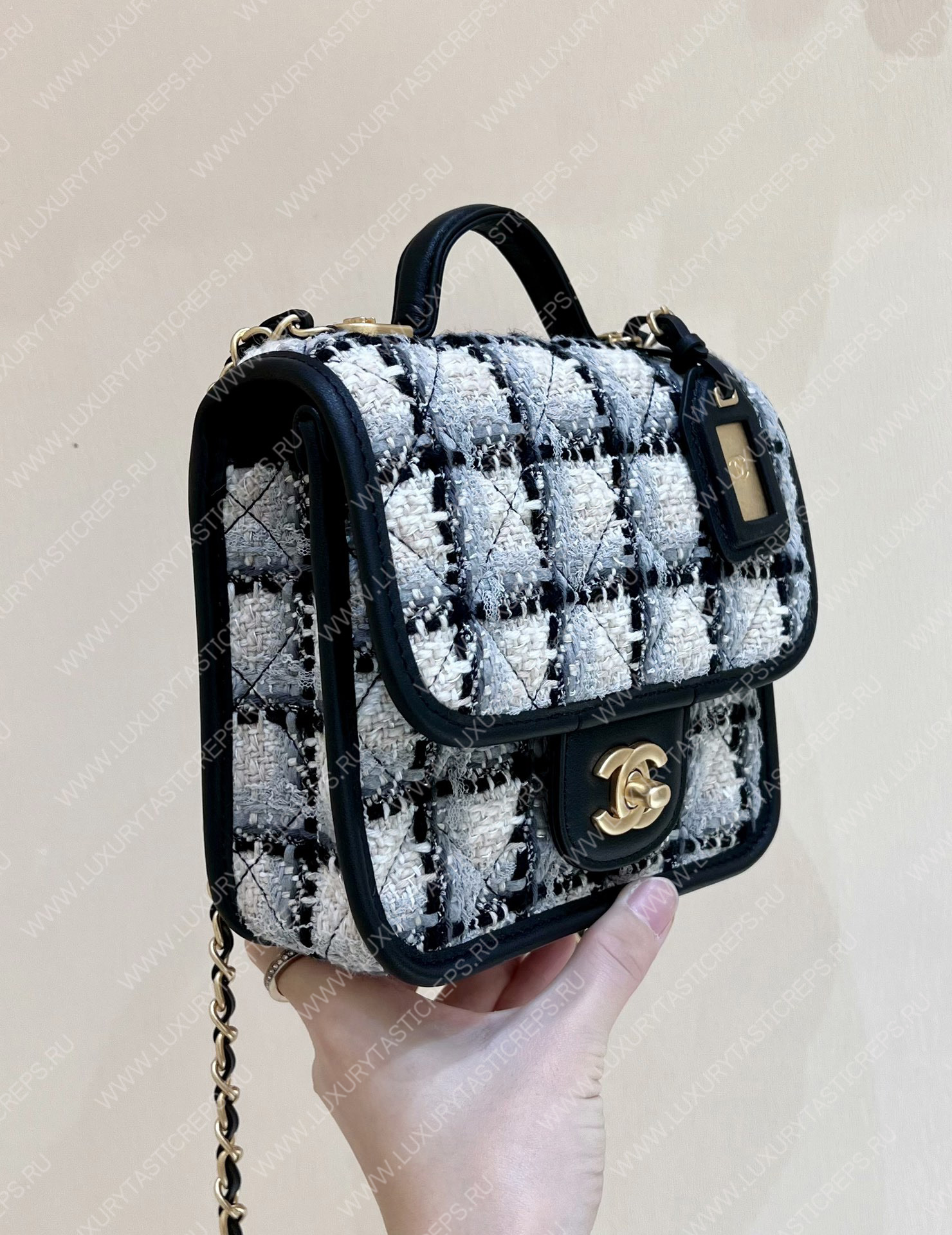Ch*el small flap bag with top handle ecru, gray, beige & black as3652