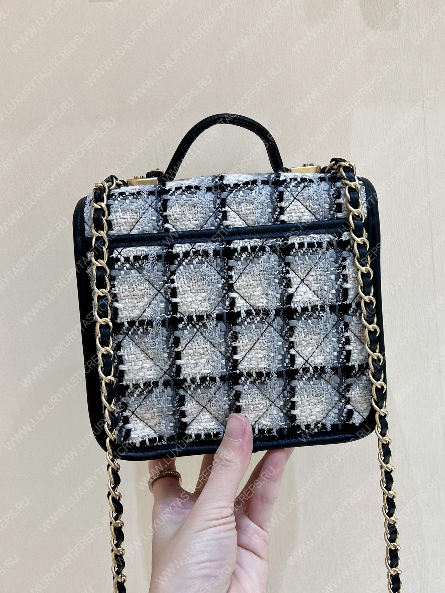 Ch*el small flap bag with top handle ecru, gray, beige & black as3652