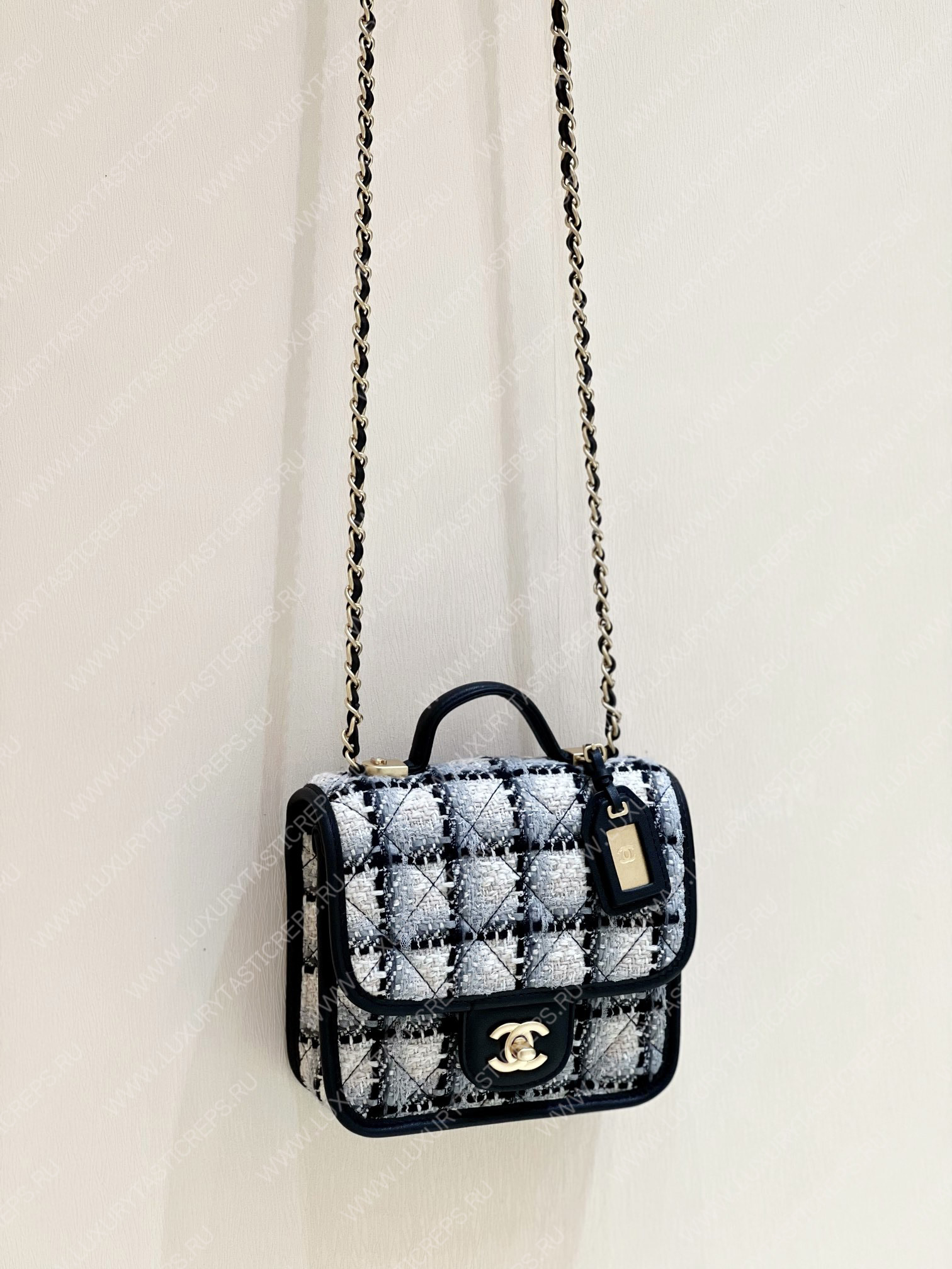 Ch*el small flap bag with top handle ecru, gray, beige & black as3652