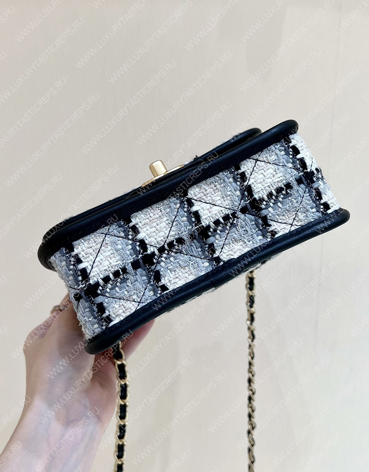 Ch*el small flap bag with top handle ecru, gray, beige & black as3652