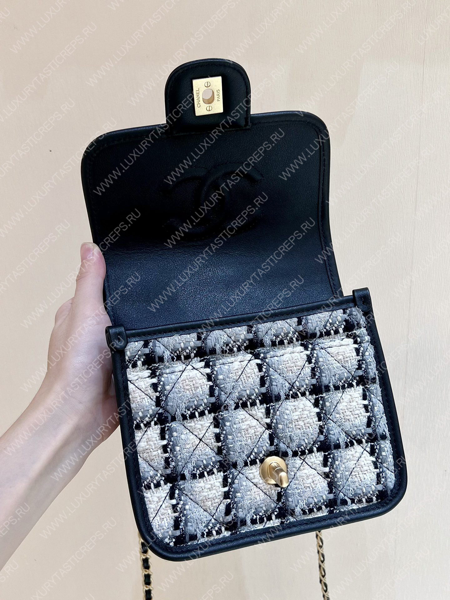 Ch*el small flap bag with top handle ecru, gray, beige & black as3652
