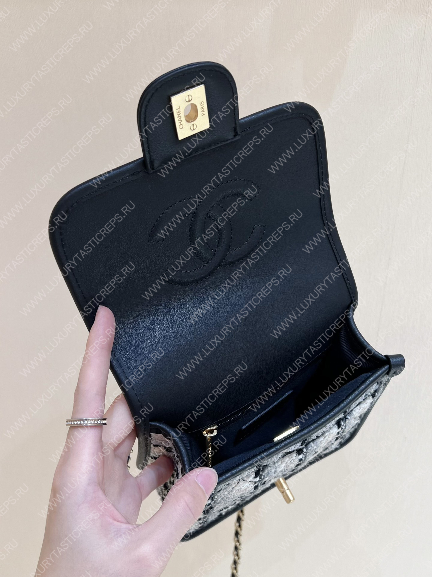 Ch*el small flap bag with top handle ecru, gray, beige & black as3652