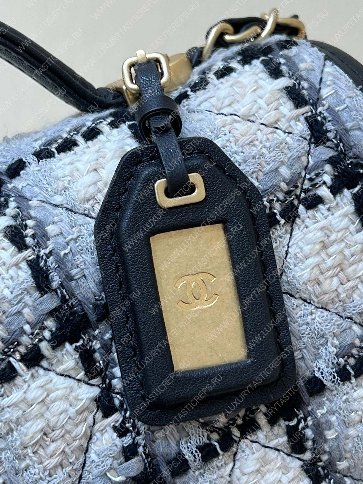 Ch*el small flap bag with top handle ecru, gray, beige & black as3652