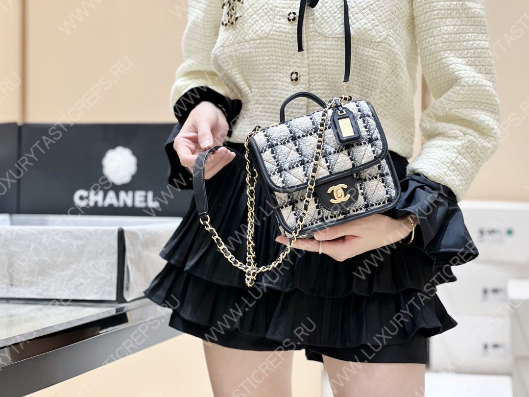 Ch*el small flap bag with top handle ecru, gray, beige & black as3652