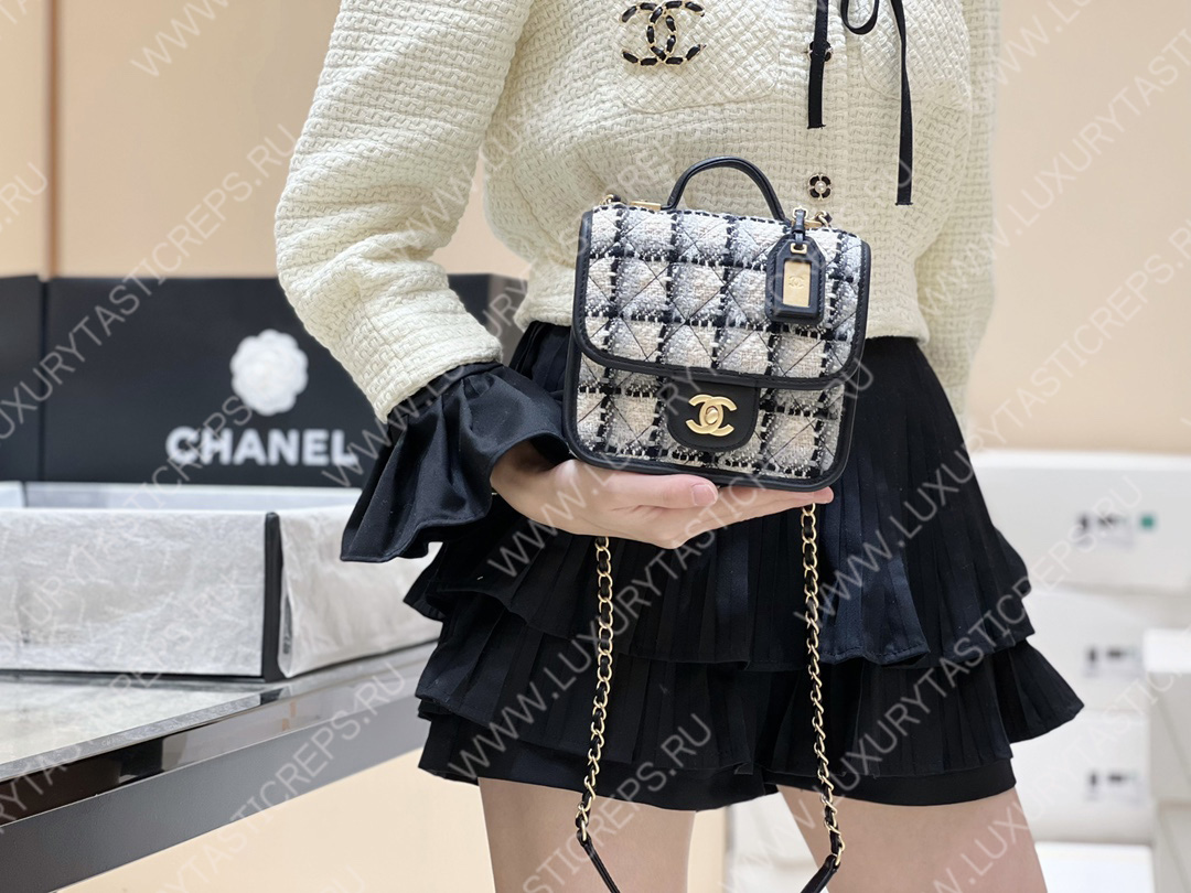 Ch*el small flap bag with top handle ecru, gray, beige & black as3652