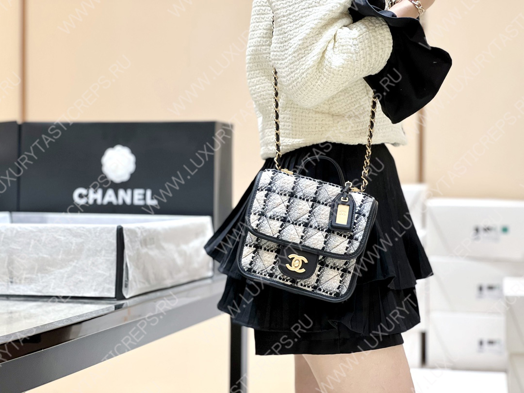 Ch*el small flap bag with top handle ecru, gray, beige & black as3652