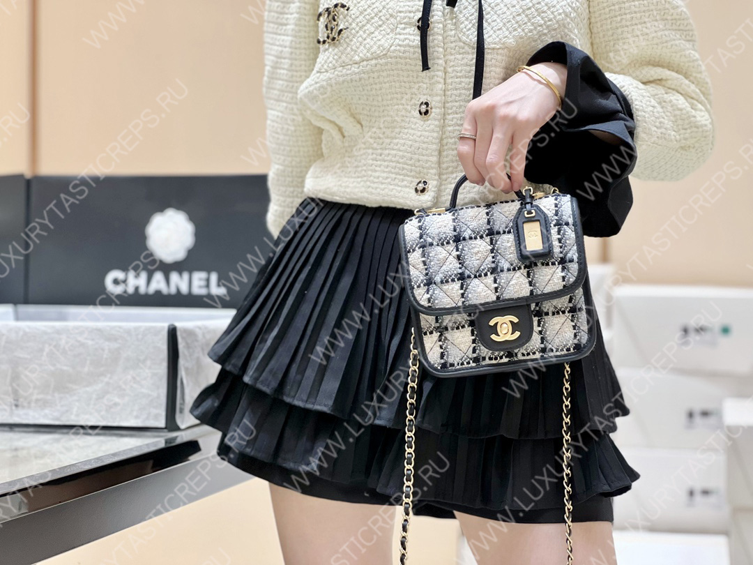 Ch*el small flap bag with top handle ecru, gray, beige & black as3652