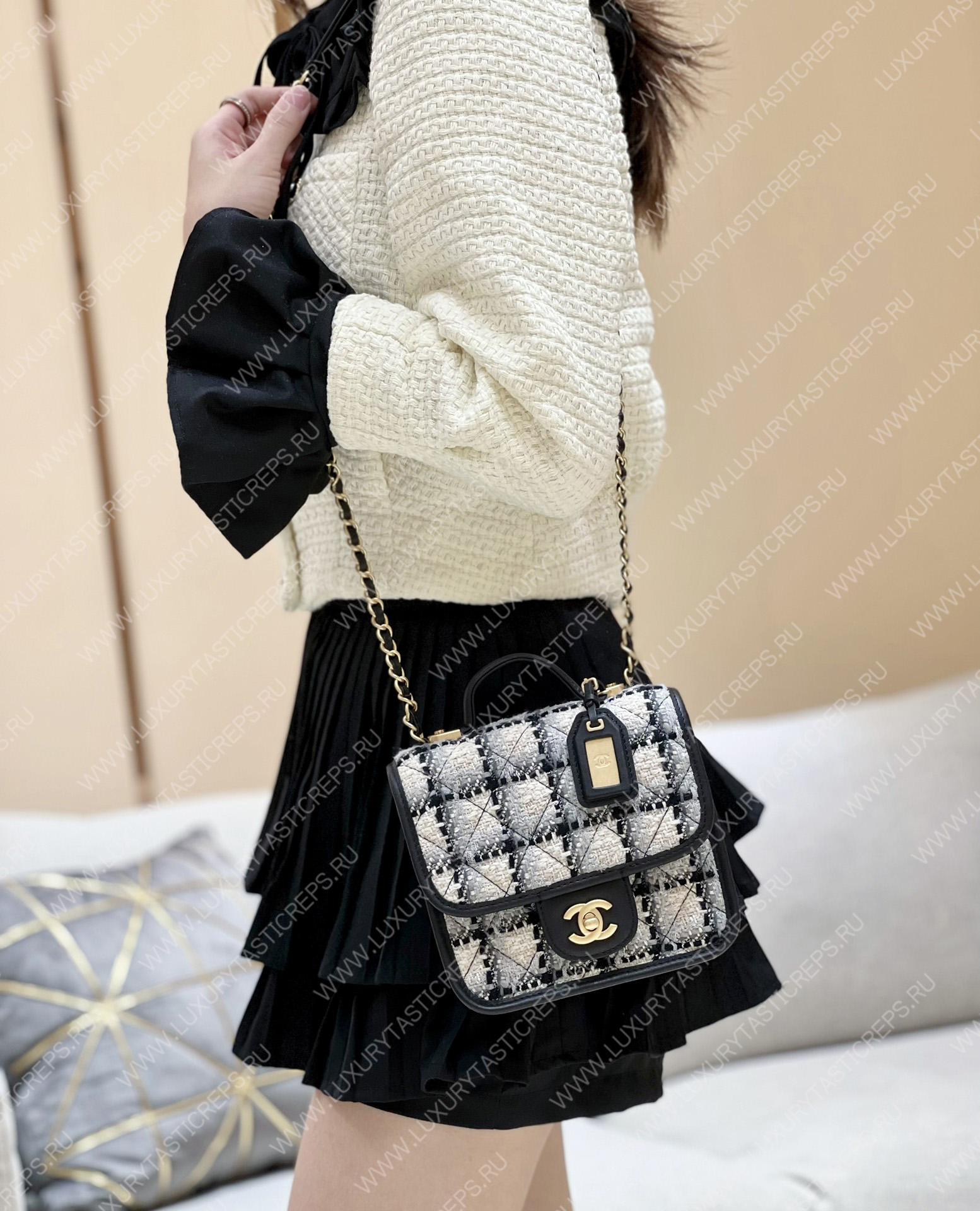 Ch*el small flap bag with top handle ecru, gray, beige & black as3652