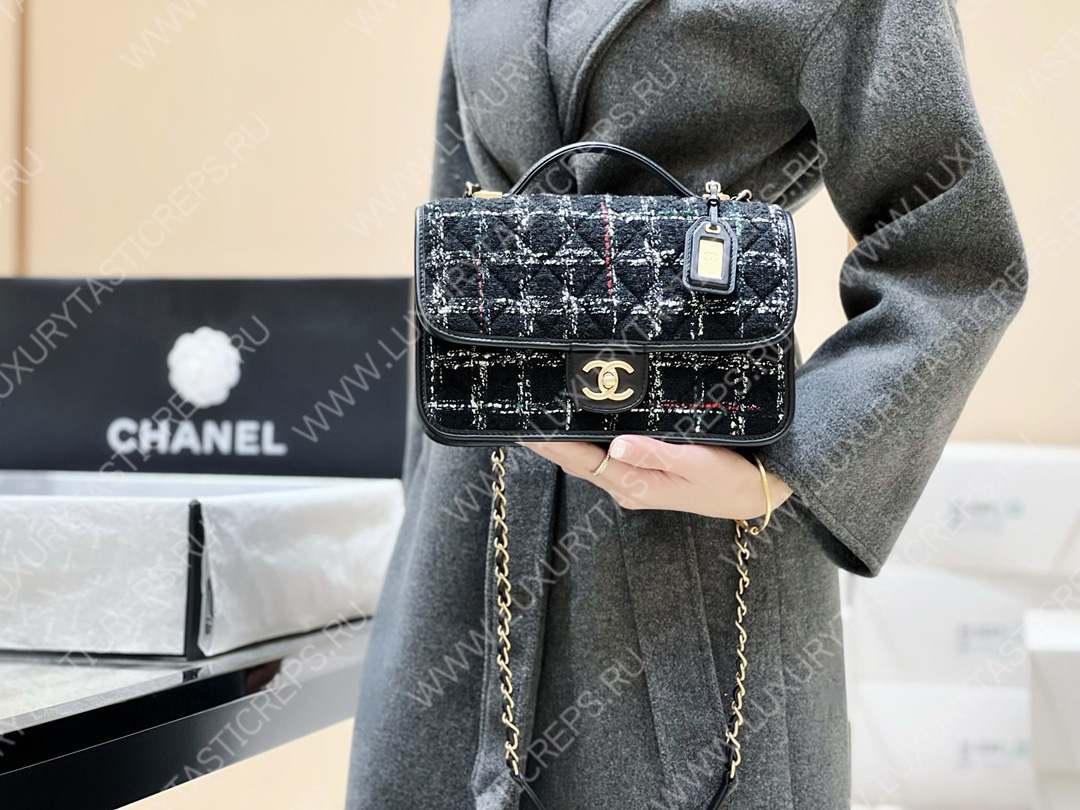 Ch*el small flap bag with top handle black, white & multicolor as3653