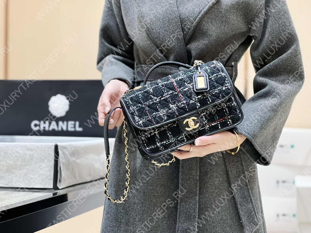 Ch*el small flap bag with top handle black, white & multicolor as3653