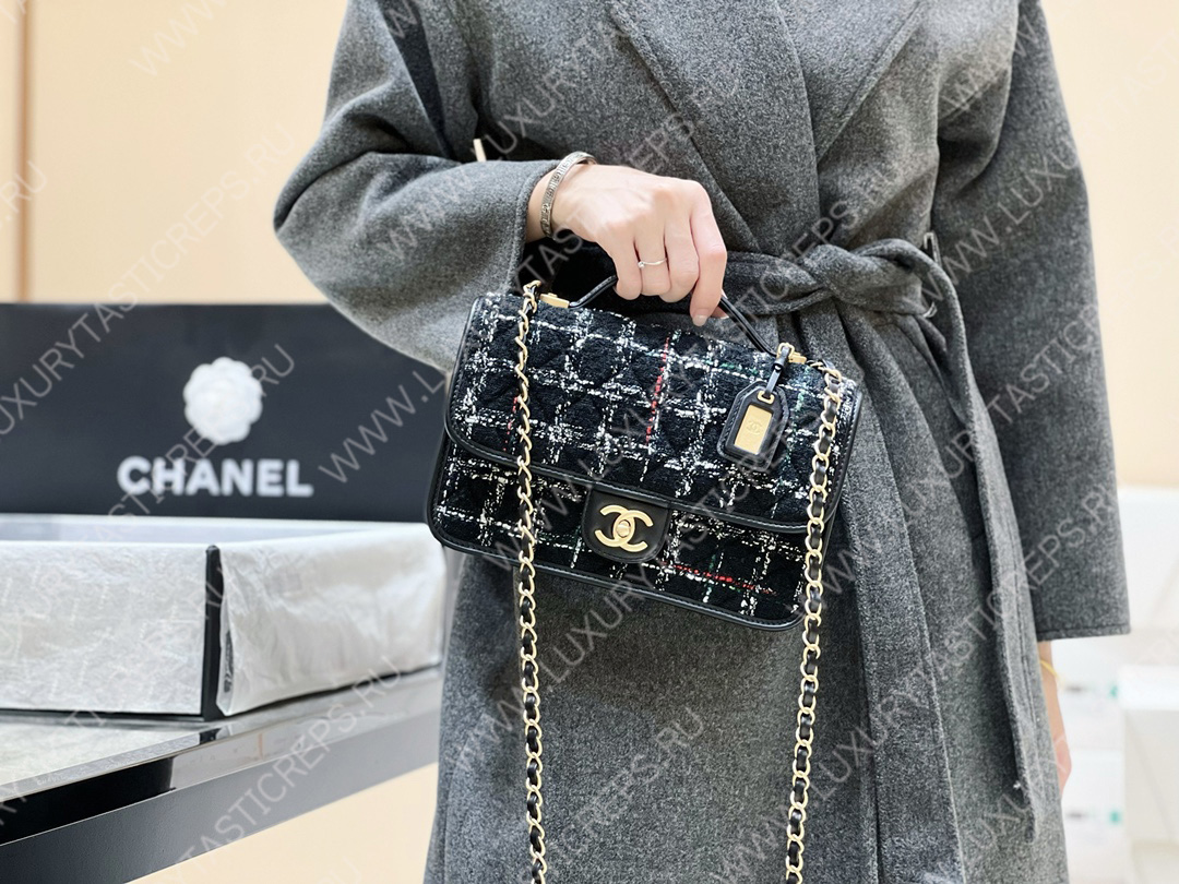 Ch*el small flap bag with top handle black, white & multicolor as3653