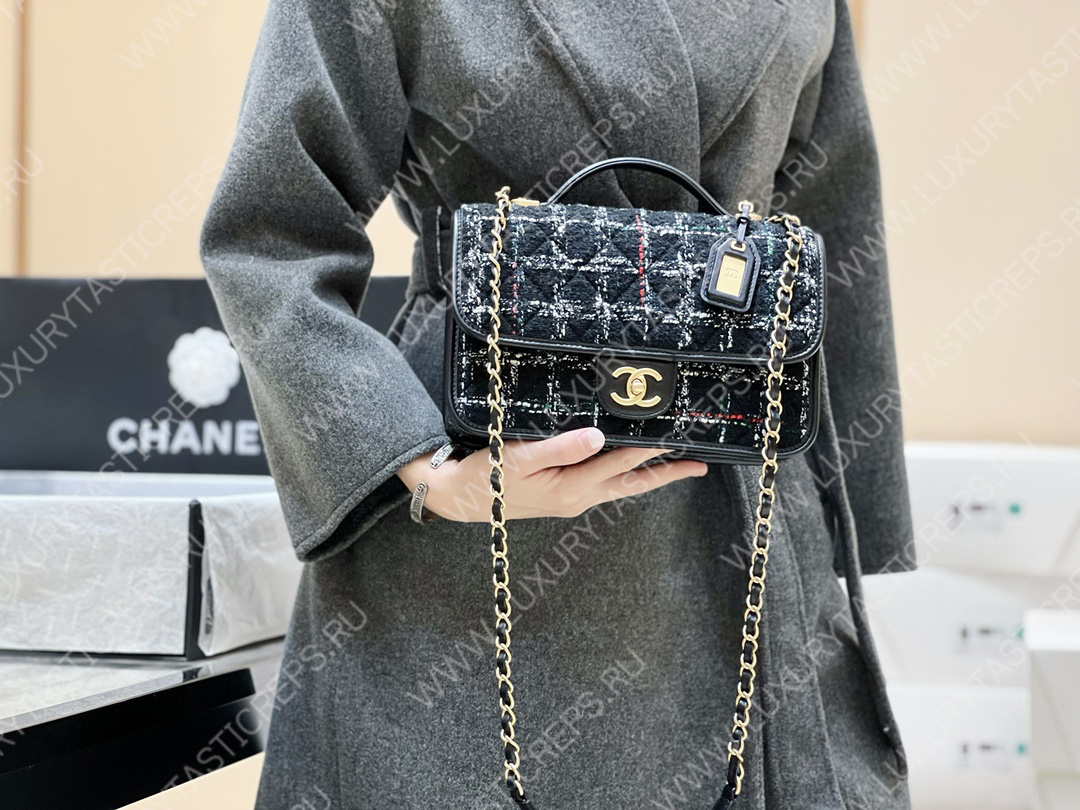 Ch*el small flap bag with top handle black, white & multicolor as3653