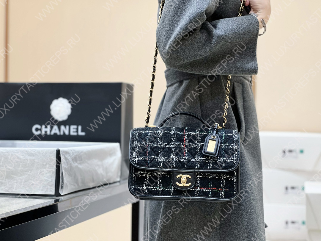 Ch*el small flap bag with top handle black, white & multicolor as3653