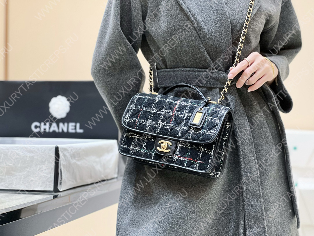 Ch*el small flap bag with top handle black, white & multicolor as3653