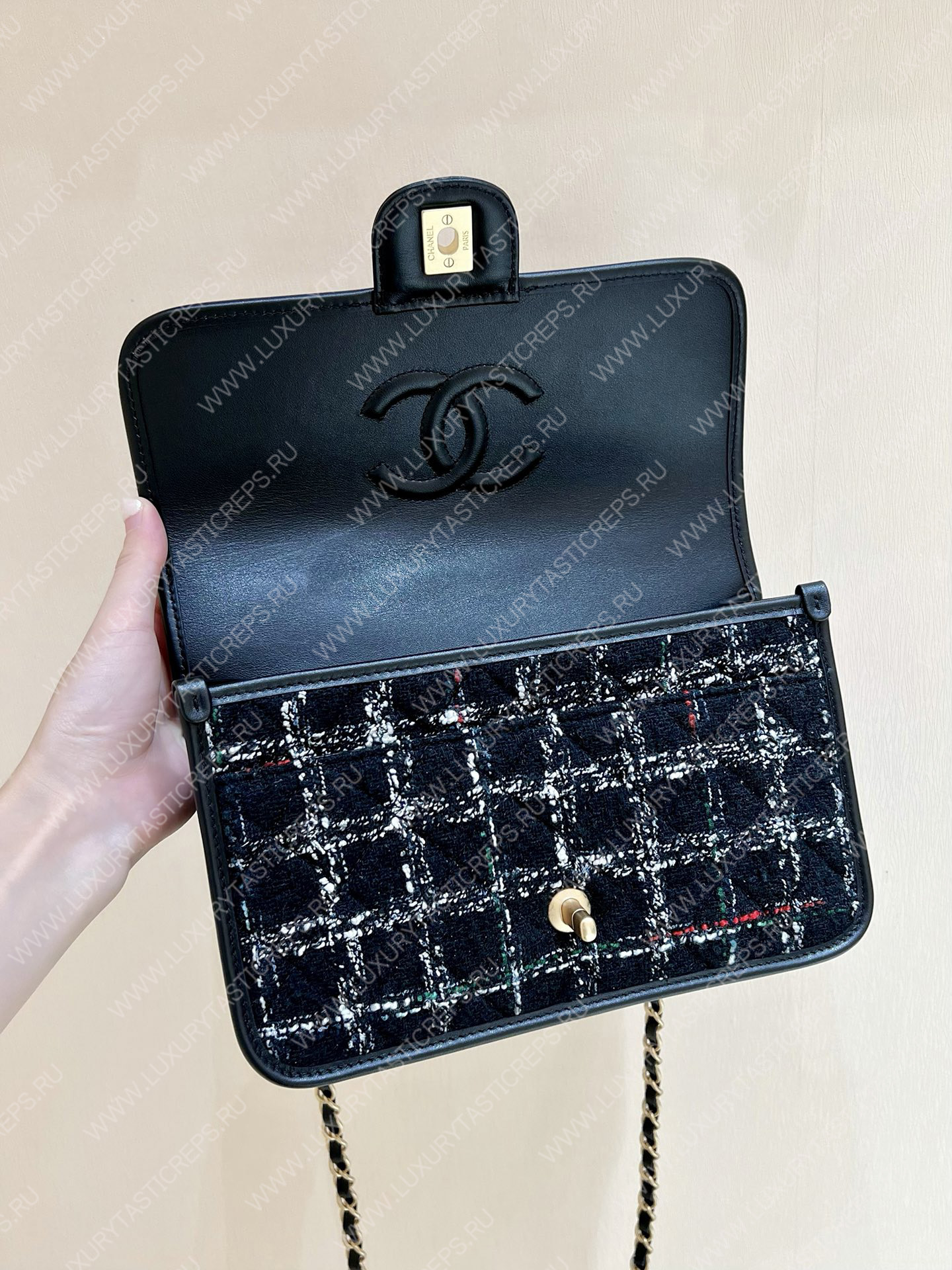 Ch*el small flap bag with top handle black, white & multicolor as3653