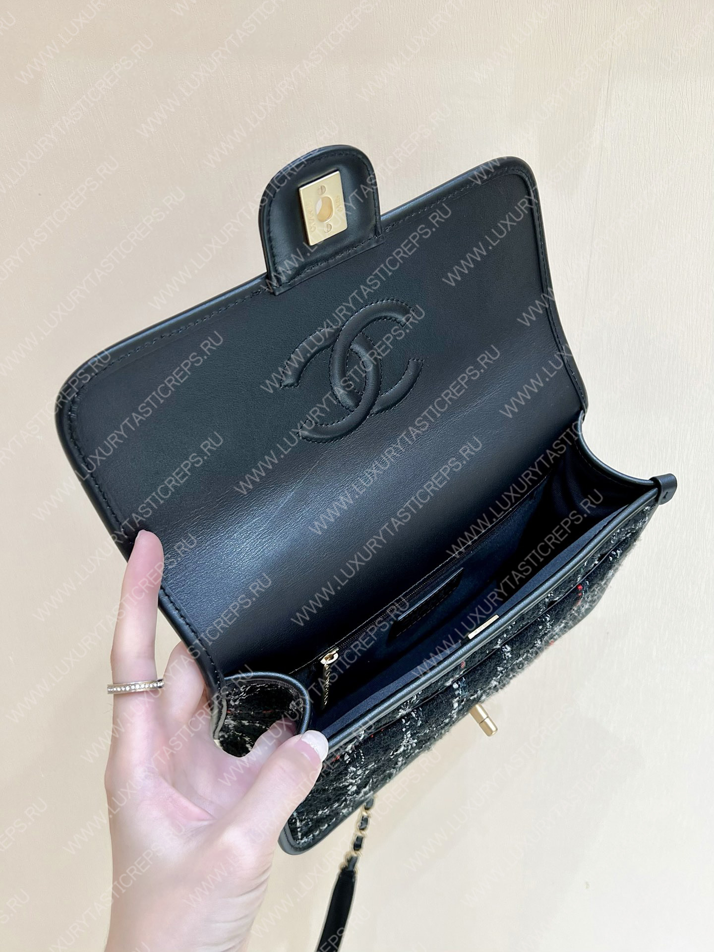 Ch*el small flap bag with top handle black, white & multicolor as3653