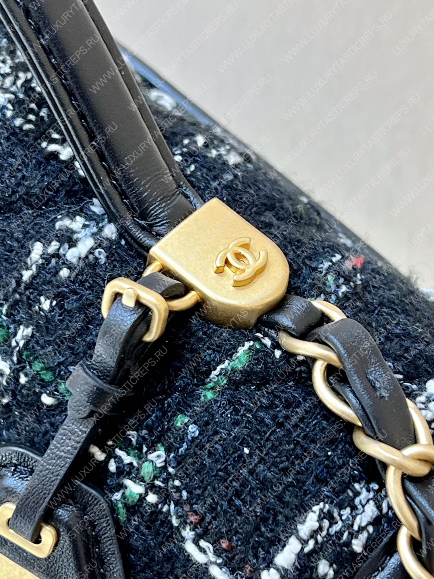 Ch*el small flap bag with top handle black, white & multicolor as3653