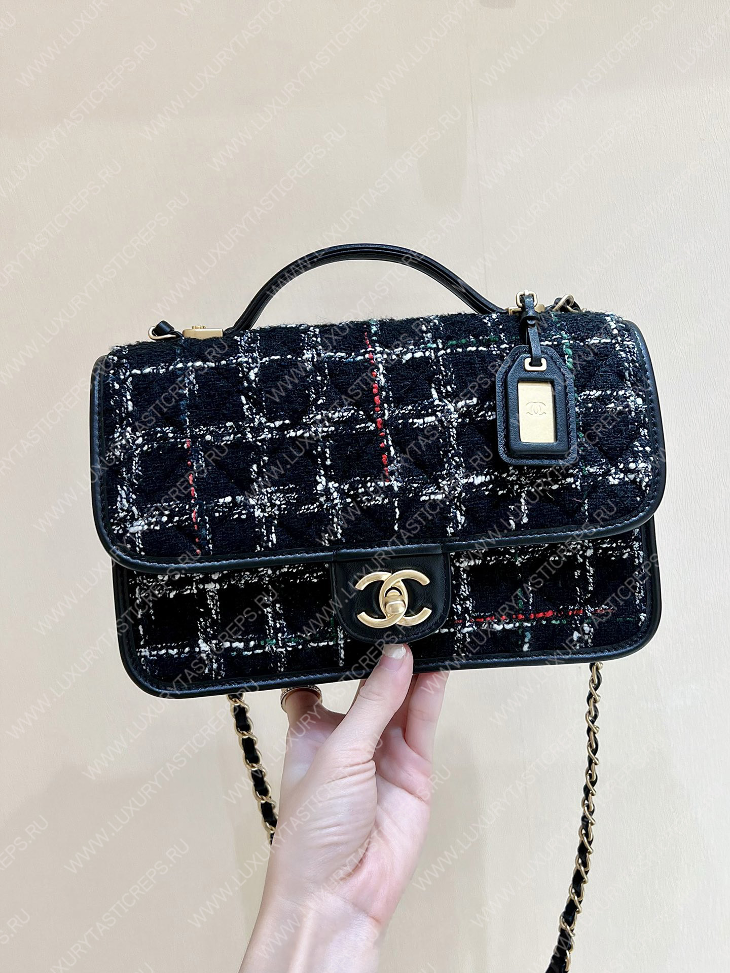 Ch*el small flap bag with top handle black, white & multicolor as3653