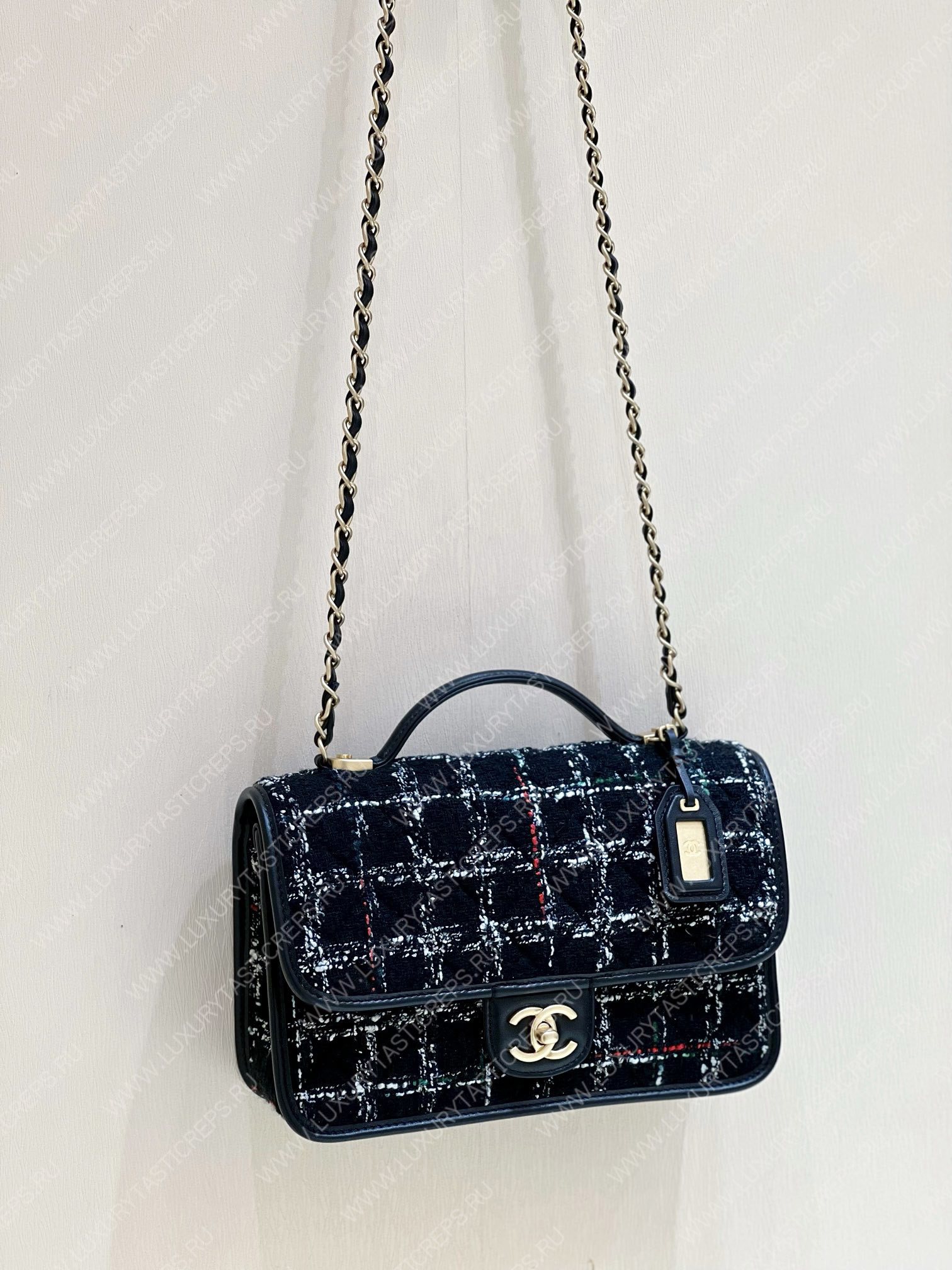 Ch*el small flap bag with top handle black, white & multicolor as3653