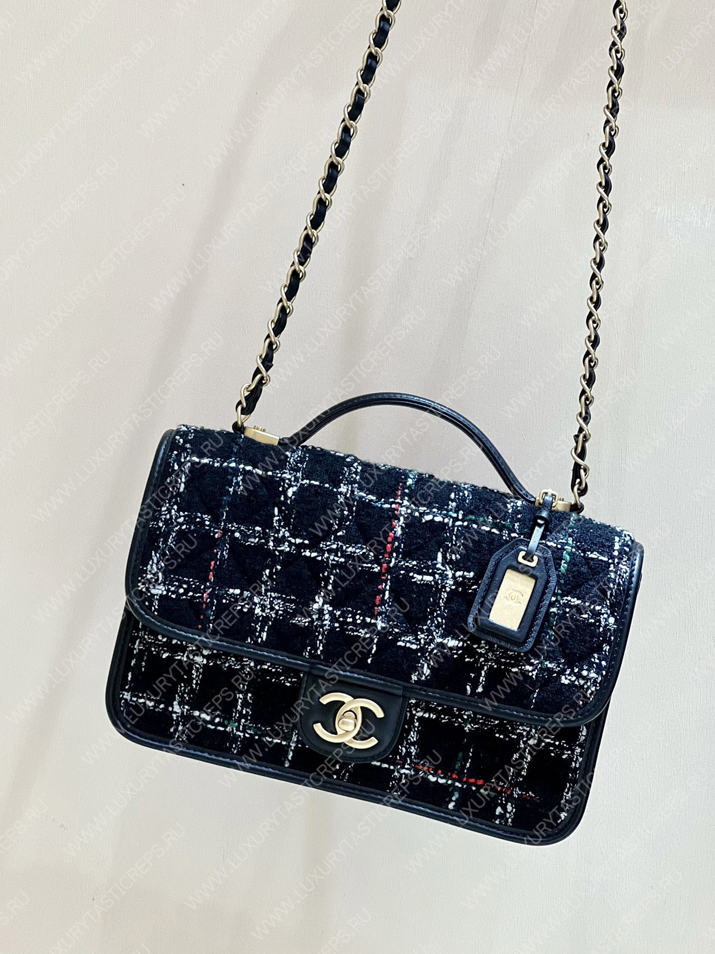 Ch*el small flap bag with top handle black, white & multicolor as3653