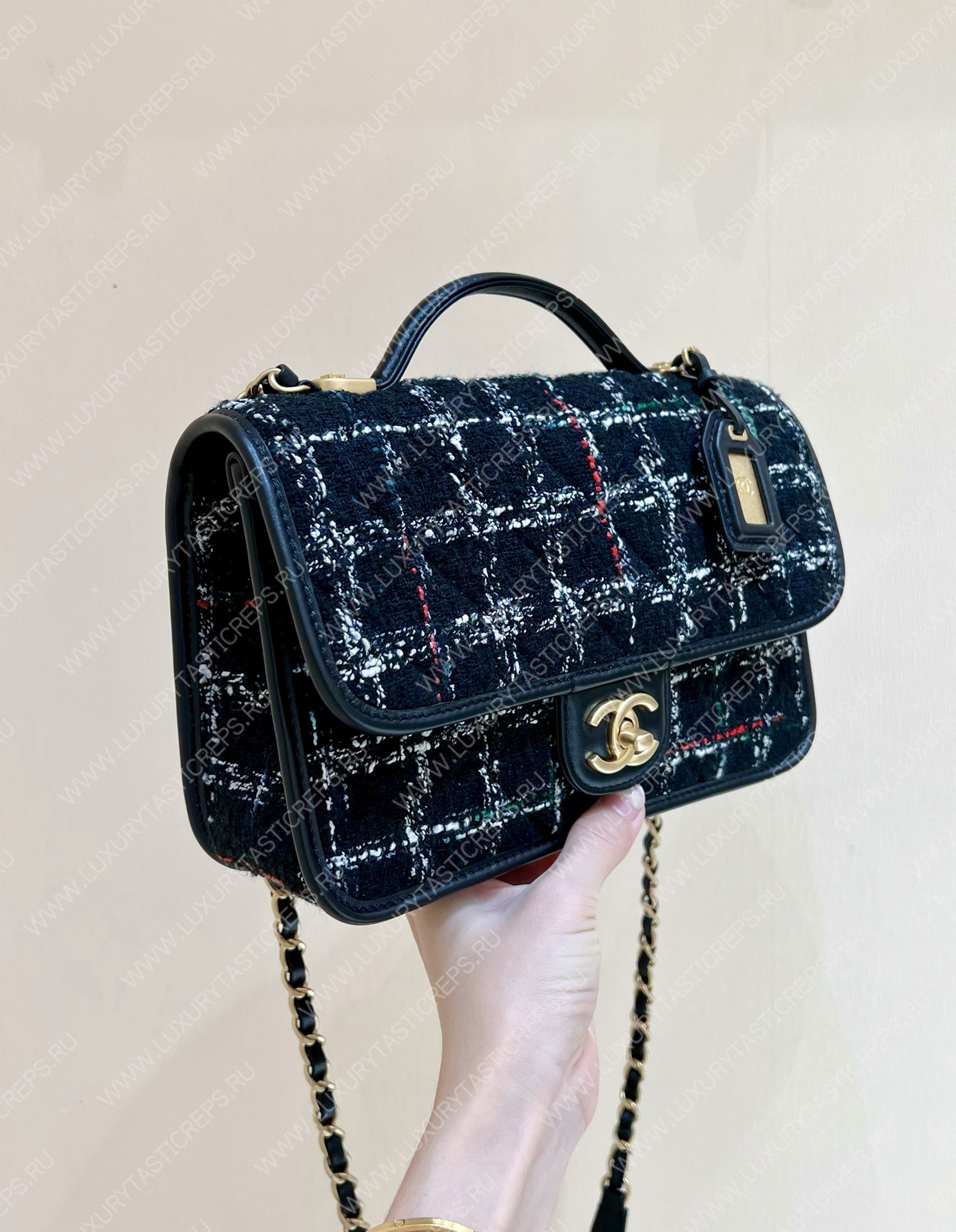 Ch*el small flap bag with top handle black, white & multicolor as3653